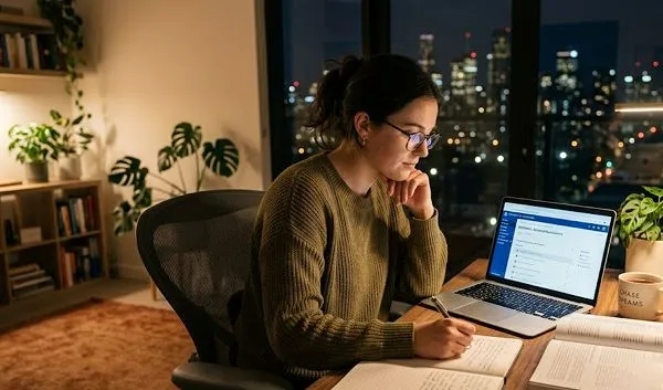 A young woman studying diligently at her desk late at night with a city skyline view