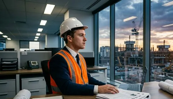 An engineer in a hard hat looking out at a construction site