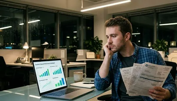 An office employee looking stressed while reviewing medical and travel bills late at night