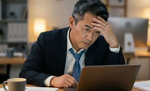 a man sitting in front of his laptop feeling stress