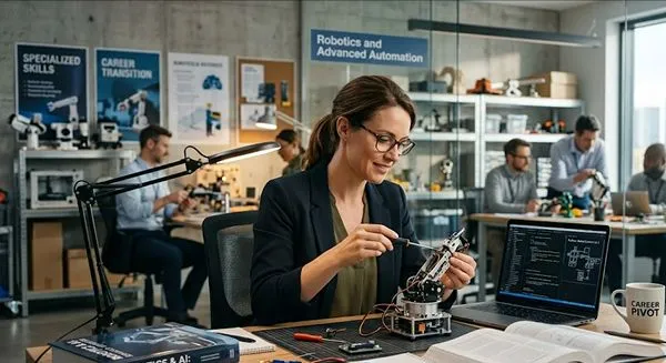 a woman assembling a small robotic arm at her desk during a career pivot to robotics.