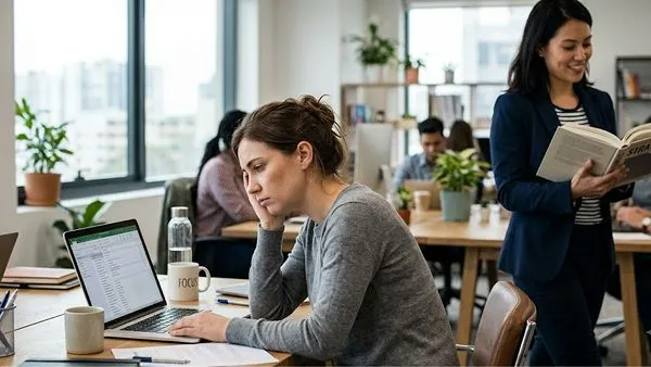 a woman in deep thought sitting in front of her laptop and another woman holding a book with a happy face in an office